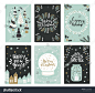 Collection of christmas greeting cards with hand lettering and hand drawn winter holiday and christmas elements and floral arrangement