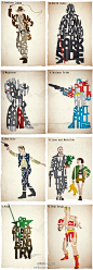 国际4A广告网【4AAD讯】英国艺术家设计的创意海报（见图），用英文单词和名言，拼合出知名电影中的角色。有《夺宝奇兵》里面的主角Indiana Jone、《变形金刚》里的Optimus Prime......