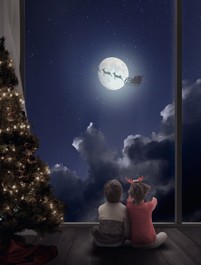 平安夜 期盼礼物 神秘夜空 圣诞海报设计...