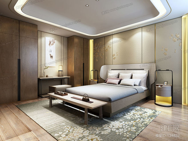 现代简约新中式卧室床组合- 建E网3d模...