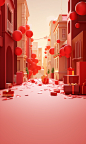 A red scene with a red street with green paper, in the style of 8k 3d, festive atmosphere, vray, playful character designs, light red and gold, minimalist still life, packed with hidden details