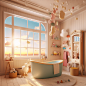 Indoor, children's room, windows, light warm color, translucent, baby's plastic bathtub, high-definition, delicate, 8k resolution