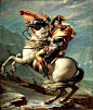 达维特--拿破仑穿越阿尔卑斯山 此幅作品是达维特第一次刻画现世的英雄，此前，作者只塑造和歌颂古代和已故的英雄，由此可以看出他对拿破仑的崇拜之情。本画的妙处在于，远景的简约和近景的细腻，色彩的冷暖对比极为强烈，人物和战马(战驴?)的细节刻画非常到位。对于这个理想化的形象，拿破仑本人也十分满意.