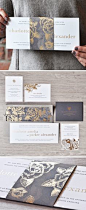A stunning gold and grey wedding invitation design from Engaging Papers. What do we love most? The floral pattern and belly band!   <a href="https://engagingpapers.com/wedding-invitations?product_id=488" rel="nofollow" target="