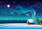 卡通雪夜原野插画矢量素材，素材格式：EPS，素材关键词：森林,冬季,木屋,风景建筑
