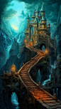 fantasy stairway oregon mountains desktop wallpaper, in the style of sci-fi baroque, dark cyan and amber, kerem beyit, passage, precise, detailed architecture paintings, zen-like tranquility, gustave doré