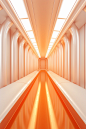 An orange hallway with tunnel light., in the style of art deco futurism, light white and light gold, realistic landscapes with soft edges, shiny, radiant neon patterns, psychological phenomena illustrations, orderly symmetry