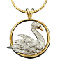 McTeigue & Co Swan Necklace  USA  Circa 1960's  Charming platinum and 18 karat yellow gold swan necklace accented with approximetly .70 carats total weight of round brilliant cut diamonds and enamel. The pendant hangs from a 16 inch box chain and is s