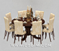 欧式古典复古布艺印花深棕色木质烤漆圆形圆桌桌椅餐厅宴会