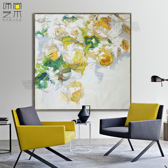 纯手绘花卉油画现代北欧沙发背景墙装饰画大...