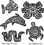 Mayan art animals vector set. Slow turtle, active dolphin, dangerous moray eel, mysterious octopus, amazing fish. EPS 10