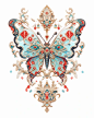 white background,an intricate blue and green butterfly drawing, in the style of red and aquamarine, golden age aesthetics, assemblage of maps, victorian-inspired illustrations, ethereal fantasy, light red and turquoise, metalwork jewelry