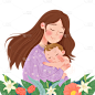 手绘花丛中抱婴儿的母亲