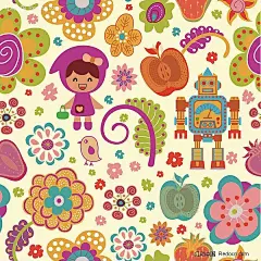 可爱卡通花朵图案矢量花朵|机器人|卡通|卡通人物|卡通人物图片|可爱|漫画人物|苹果|人物素材|人物图片|矢量|矢量人物|素材|图案|五颜六色|小花|小鸟|小女孩