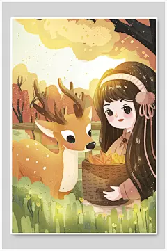 梅花鹿立秋插画