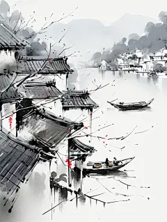 中国写意江南水乡诗情画意，纸上水墨海报