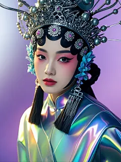 机械零件与人像摄影融合 概念设计作品 川剧机械姬 服装和头饰融入了炫彩镭射等未来材质 艺术彩妆 头冠由机械零件组合而成 戏曲文化与现代机械科技融合 完美光影 柔焦 柔光 (3)
