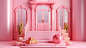 Pink background e-commerce poster with French art style, with a platform in the middle and no obstacles c4d octane render