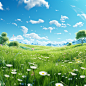 The green grass of the meadow against a blue sky, in the style of whimsical anime, 32k uhd, flower and nature motifs, realistic and hyper - detailed renderings, pastoral charm, soft and dreamy atmosphere