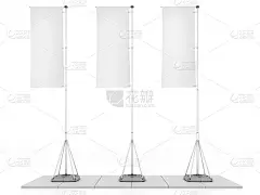 白旗空白展位。贸易展览展览摊位。3d渲染图孤立在白色背景上。为您的展览设计模板模型