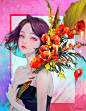 Anime 1920x2486 Liz Son drawing women dyed hair flowers leaves pink eyes bare shoulders black clothing frame