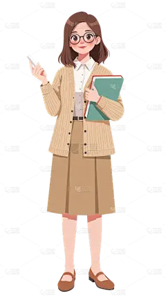 人物系列插画风棕色系短发戴眼镜老师全身元素