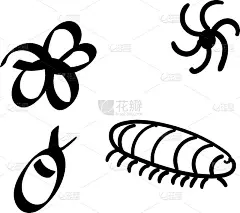 昆虫集图标手绘涂鸦插画插画。动物自然元素。画蝴蝶，毛毛虫，蜜蜂，蜘蛛