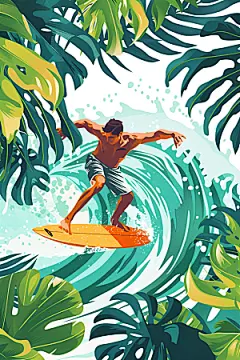 扁平风冲浪简约夏季插画