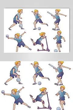 卡通儿童打球踢球运动人物元素插画