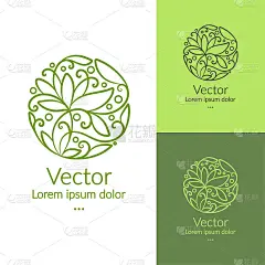 绿色标志与线性叶片装饰在一个圆形。可作为字母和标志使用。豪华复古向量模板与优雅的元素。非常适合壁纸或