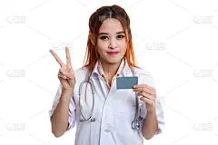 贺卡,青年人,空白的,女医生,v sign,席次牌,名片,留白,水平画幅,信用卡