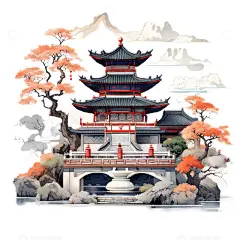 工笔中国风亭台楼阁植物手绘水彩高清模板免费下载-趣麦麦图