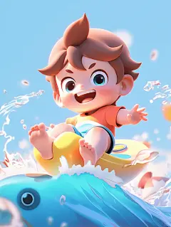 夏日海边冲浪小男孩
