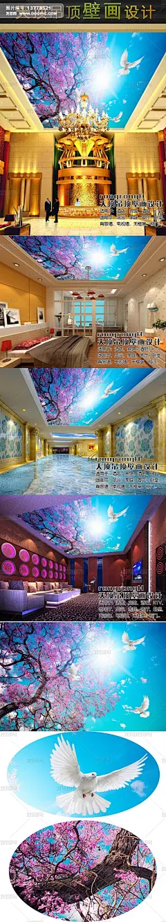 樱花蓝天白鸽阳光风景吊顶天顶壁画图载