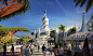 This may contain: an artist's rendering of a futuristic city with palm trees and people walking around