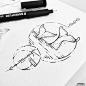几何线条鲸鱼纹身图案手稿