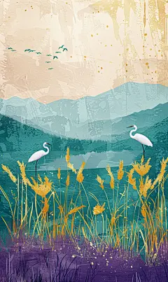 唯美插画湿地白鹭插画素材图