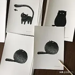 手绘黑白喵星人插画，胖胖的，萌萌的，可爱个性的顽皮黑猫小世界