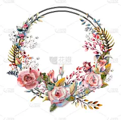 粉红的玫瑰花,绿叶,红色。婚礼概念与鲜花。花卉海报,邀请函。贺卡或邀请函设计的水彩安排。圆形框架。矢