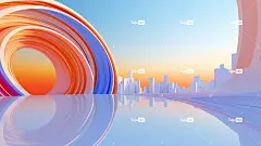 城市建筑地平线，橙色、蓝色、紫色鲜艳的圆形设计 线条流畅弯曲