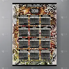 卡通涂鸦秋季2018年日历模板。英语,周日开始