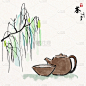 Asian tea set and willow with Chinese painting art