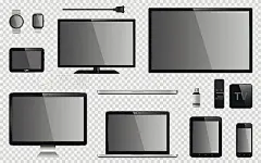 Set of realistic TV, computer monitor, laptops, tablet, mobile phone, smart watch, usb flash drive, GPS navigation system device, TV box receiver with remote controller and electric plug