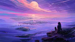紫色风景，自然，绘画，云，月亮，城市，女孩，唯美动漫电脑壁纸