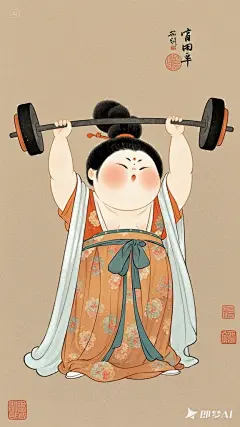 全景,水墨插画,极简主义，漂亮的唐代女士插画,胖女士举重，现代人物与古风工笔画结合，画风细腻成熟，独特的风格，识别度高，人物讨喜又不失韵味，可爱的Q版唐代风俗画图，背景简洁，纯色背景。
