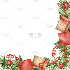 水彩手绘圣诞角框架组成与绿色的圣诞树冷杉树枝，黄色和红色的礼品盒，花环和珠子和新年装饰品的邀请