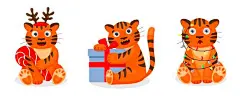 一组小老虎卡通圣诞插画矢量图素材