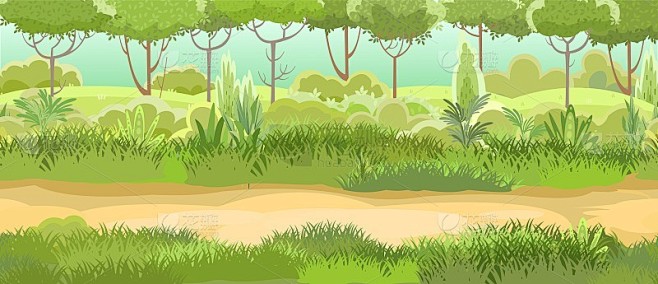 森林边上的路。草本绿色灌丛和灌木。优美优美的风景。平的风格。卡通设计。向量