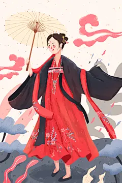 手绘大气女孩汉服伞国潮中国风插画