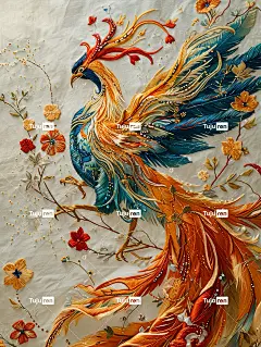 金橙红蓝凤凰，镀金，流动的火焰中国刺绣工艺海报